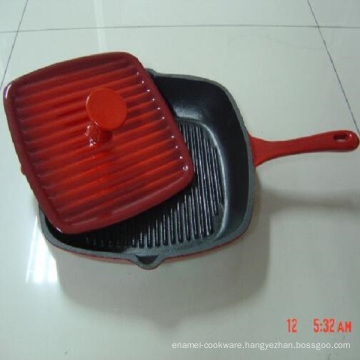 Enamel coatted cast iron square fry pan/grill pan/skillet with press